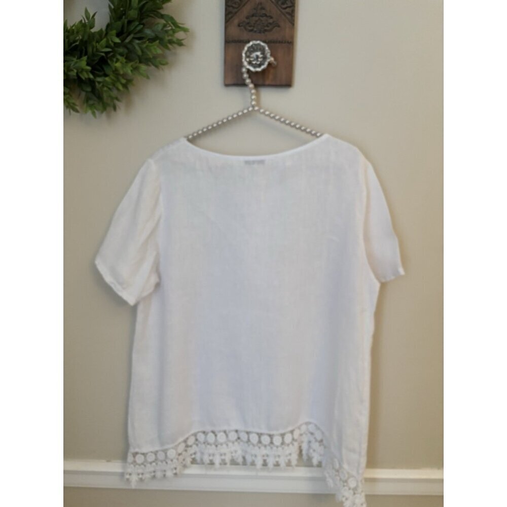 Terzo Millennio Womens Size Large White Linen Top Short Sleeve Crochet Trim - Picture 4 of 6
